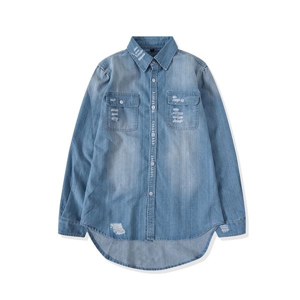 long sleeve cotton turn-down collar denim casual shirts / high low damaged ripped hole men arc hem loose blue, White;black
long sleeve cotton turn-down collar denim casual shirts / high low damaged ripped hole men arc hem loose blue, White;black