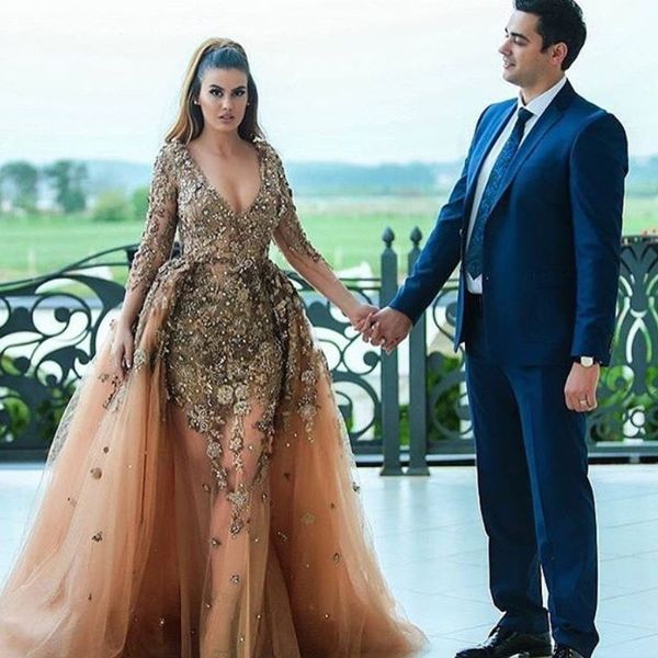 glamorous saudi celebrity prom dresses crystal beads v-neck long sleeve evening dresses appliqued mermaid prom dress with overskirt, Black
glamorous saudi celebrity prom dresses crystal beads v-neck long sleeve evening dresses appliqued mermaid prom dress with overskirt, Black