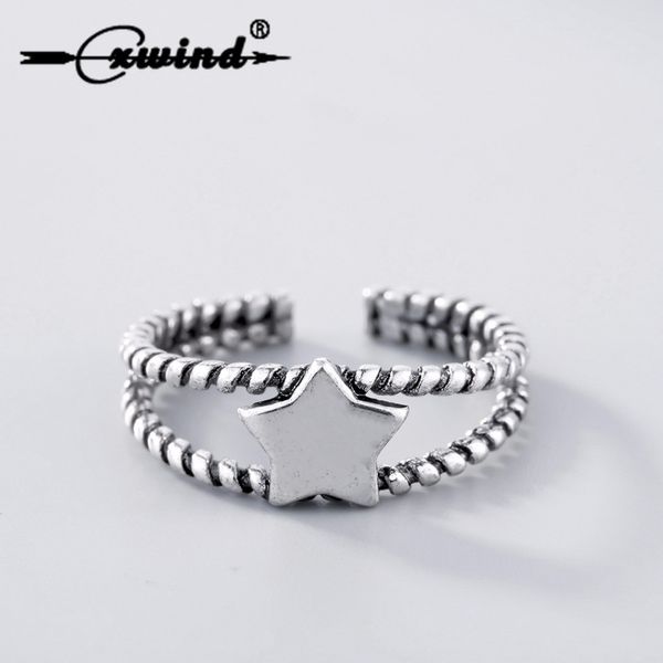 

cxwind vintage star cuff open rings for women 925 thai silver twist double line couple ring adjustable finger jewelry party gift, Golden;silver