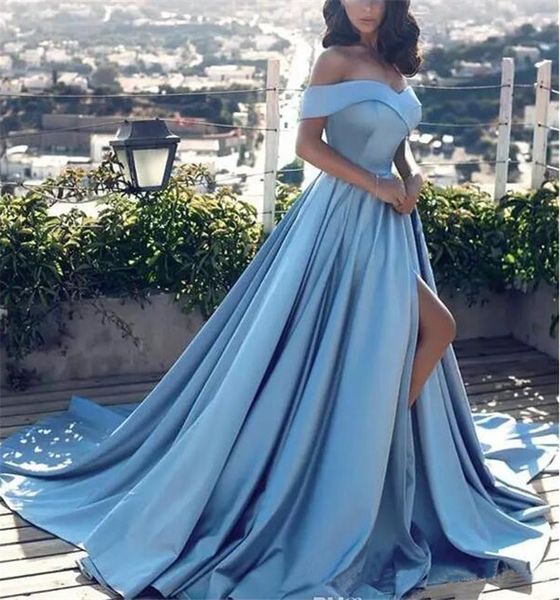 sky blue off the shoulder evening dress a line side split prom dresses satin special occasion gowns, Black;red
sky blue off the shoulder evening dress a line side split prom dresses satin special occasion gowns, Black;red
