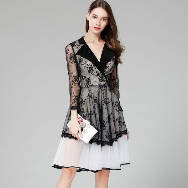 womens v neck long sleeves embroidery lace patchwork ruffles elegant designer runway dresses, Black
womens v neck long sleeves embroidery lace patchwork ruffles elegant designer runway dresses, Black