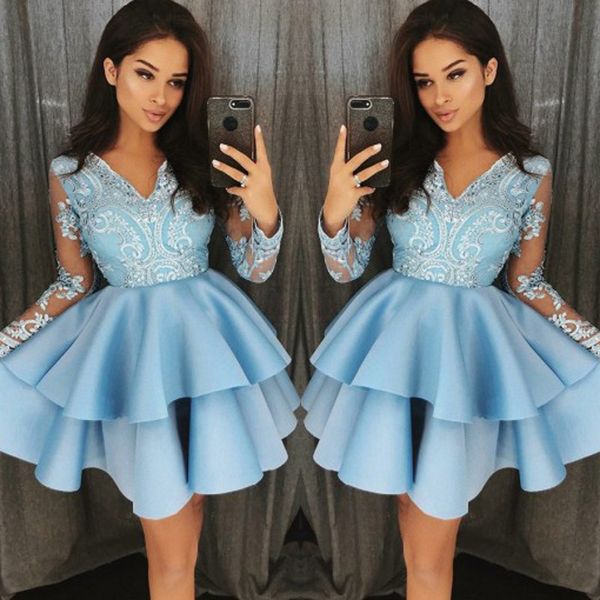 tiered a-line homecoming dresses light blue v-neck satin above knee 2018 prom dress long sleeves lace appliques short cocktail dresses, Black
tiered a-line homecoming dresses light blue v-neck satin above knee 2018 prom dress long sleeves lace appliques short cocktail dresses, Black