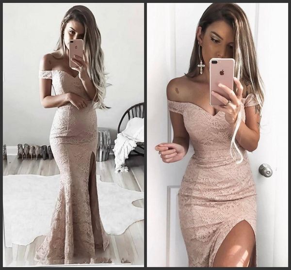 2019 modest sheath full lace prom dresses vestidos off the shoulders formal evening dresses side split evening gowns vestios de novia, Black
2019 modest sheath full lace prom dresses vestidos off the shoulders formal evening dresses side split evening gowns vestios de novia, Black