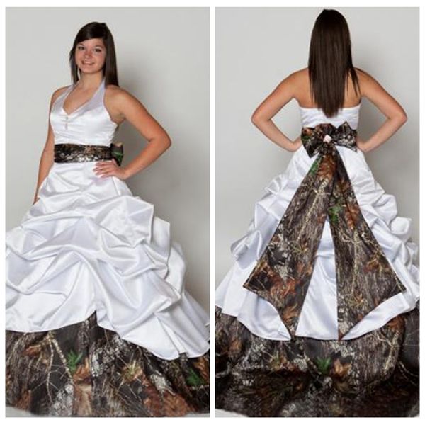 halter ball gown camo satin wedding dresses draped with bow back bridal gowns camouflage ribbon 2018 formal wedding gown plus size, White
halter ball gown camo satin wedding dresses draped with bow back bridal gowns camouflage ribbon 2018 formal wedding gown plus size, White