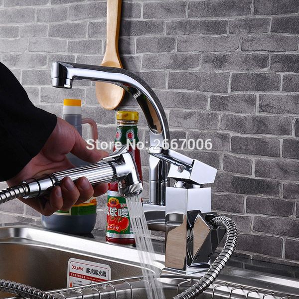 

discount luxury 360 degree swivel spout pull out chrome finish kitchen faucet mixer single hole deck mounted zr658