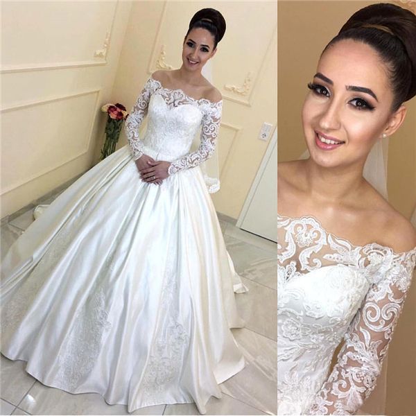 beaded lace ball gown wedding dresses with long sleeves off shoulder applique a line backless court train satin bridal gowns custom, White
beaded lace ball gown wedding dresses with long sleeves off shoulder applique a line backless court train satin bridal gowns custom, White