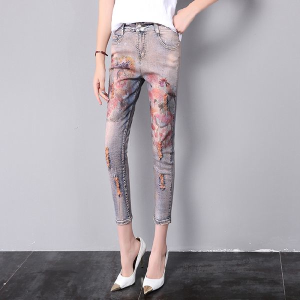 qa1206 new arrival flower print fashion painted girls denim jeans woman vintage ripped pencil pants, Blue
qa1206 new arrival flower print fashion painted girls denim jeans woman vintage ripped pencil pants, Blue