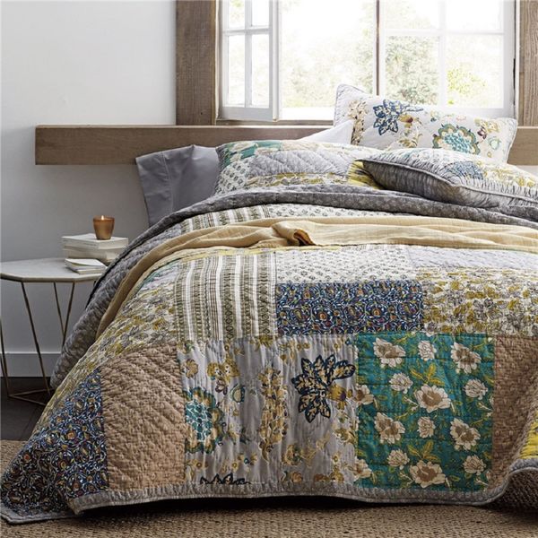 

vintage patchwork bedspread quilt set 3pcs quilted bedding handmade cotton quilts bed covers king size 234*269 coverlet blanket