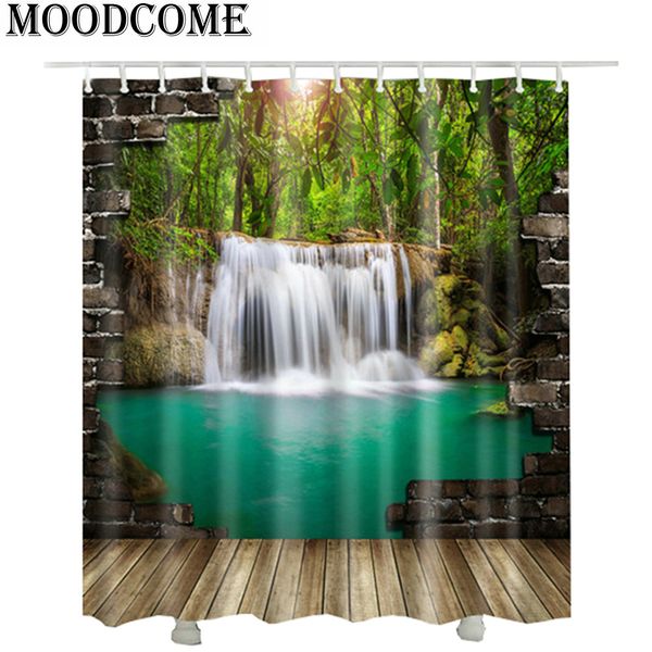 

2017 new 3d waterfall scenery waterproof shower curtain bathroom products creative polyester bath curtain cortina de bano