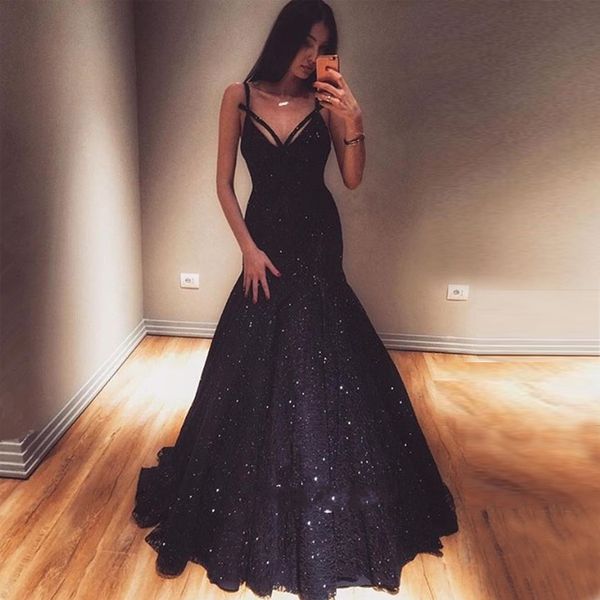 elegant sequins lace mermaid prom dresses v neck spaghetti straps floor length navy blue evening gowns formal dresses, Black
elegant sequins lace mermaid prom dresses v neck spaghetti straps floor length navy blue evening gowns formal dresses, Black