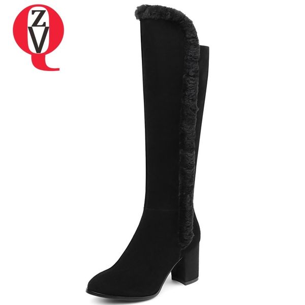 

zvq women shoes 2018 winter new fashion concise fringe round toe high hoof heels zipper black cow suede outside knee high boots
