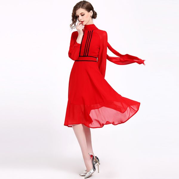 women solid red chiffon dress long sleeve high waist mid calf round neck casual brand dresses vestidos slimming for 2018 autumn, White;black
women solid red chiffon dress long sleeve high waist mid calf round neck casual brand dresses vestidos slimming for 2018 autumn, White;black