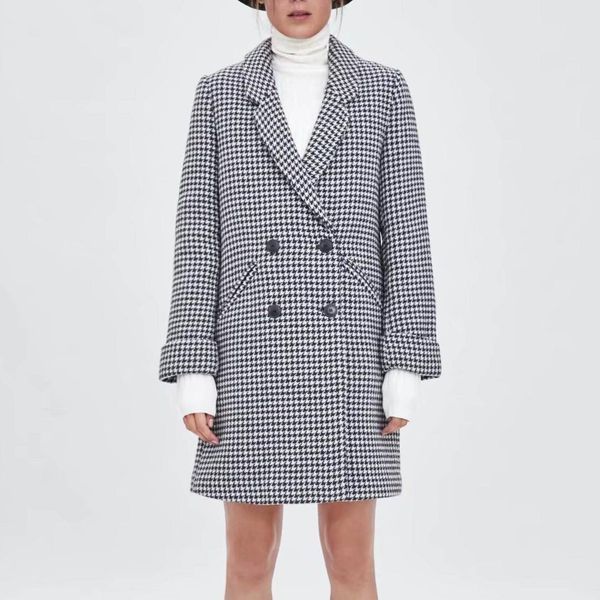 new women plaid long coat fashion double breasted long sleeve woollen overcoat loose outerwear female winter autumn coats, Black