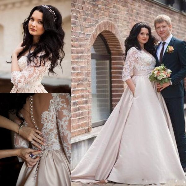2019 Elegant Stain V Neck A Line Wedding Dresses With 3/4 Long Sleeve Back Cover Button Lace Appliques Bridal Gowns Dresses Wedding Custom, White
2019 Elegant Stain V Neck A Line Wedding Dresses With 3/4 Long Sleeve Back Cover Button Lace Appliques Bridal Gowns Dresses Wedding Custom, White