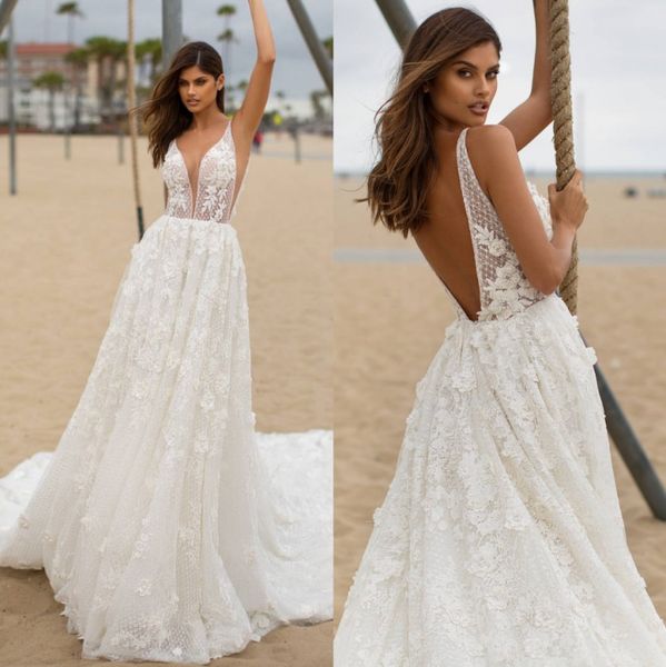 stunning lace backless wedding dresses plunging neck a line beach bridal gowns sweep train custom made 3d appliqued vestido de novia, White
stunning lace backless wedding dresses plunging neck a line beach bridal gowns sweep train custom made 3d appliqued vestido de novia, White