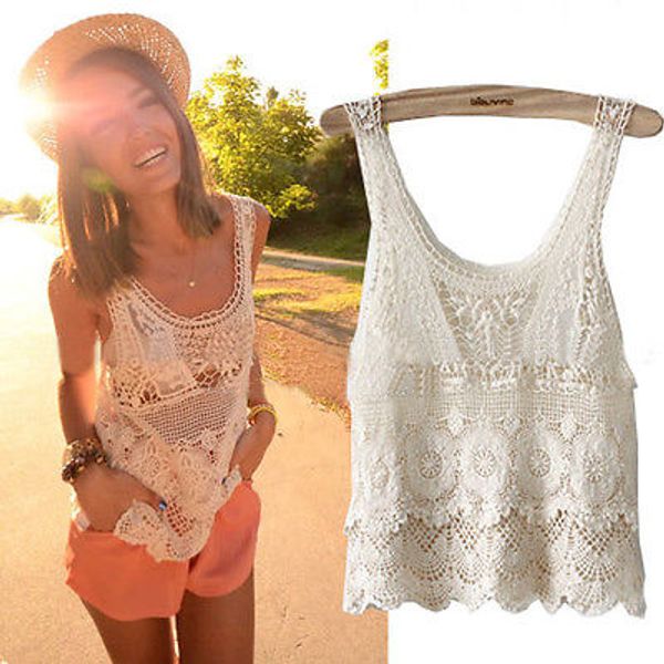 women summer hippie bohemian vintage chic crochet lace beige tank vest top, White
women summer hippie bohemian vintage chic crochet lace beige tank vest top, White