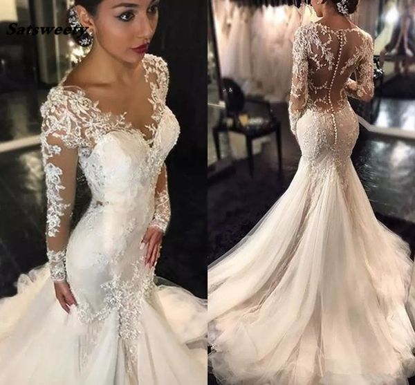 vintage lace long sleeve mermaid wedding dresses african vestido de novia covered buttons with appliques ivory beach bridal gowns, White
vintage lace long sleeve mermaid wedding dresses african vestido de novia covered buttons with appliques ivory beach bridal gowns, White
