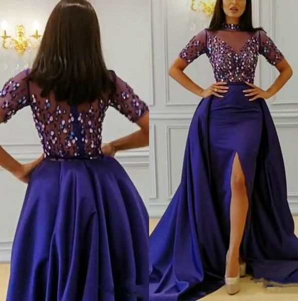 short sleeves sheer beaded prom high neck front split mermaid dresses evening wear with long train african formal party gowns, Black
short sleeves sheer beaded prom high neck front split mermaid dresses evening wear with long train african formal party gowns, Black
