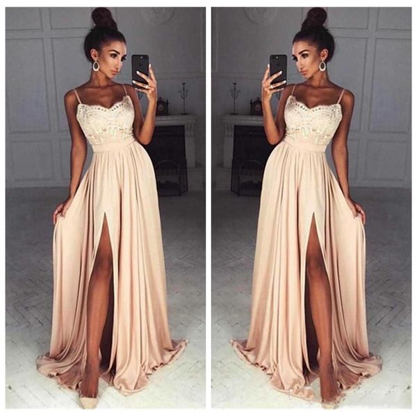 2018 spaghetti lace prom dresses front slit long party evening dress custom online vestidos de fiesta party gowns, Black
2018 spaghetti lace prom dresses front slit long party evening dress custom online vestidos de fiesta party gowns, Black