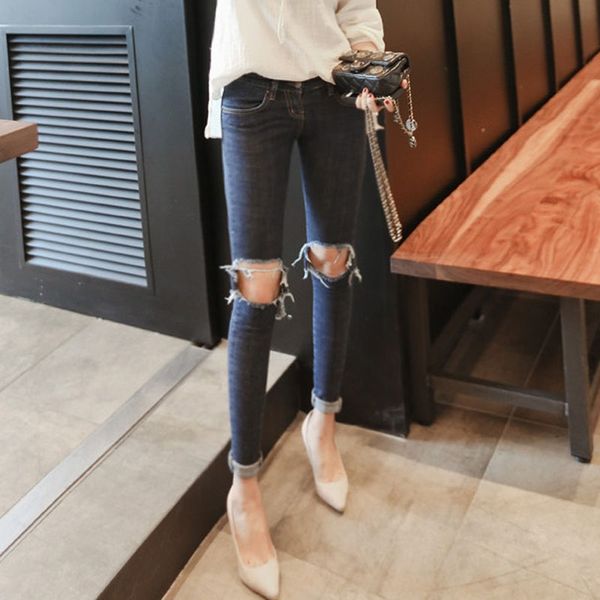 2018 spring high elastic knee hole big tall waist foot trousers nine points of jeans, Blue
2018 spring high elastic knee hole big tall waist foot trousers nine points of jeans, Blue