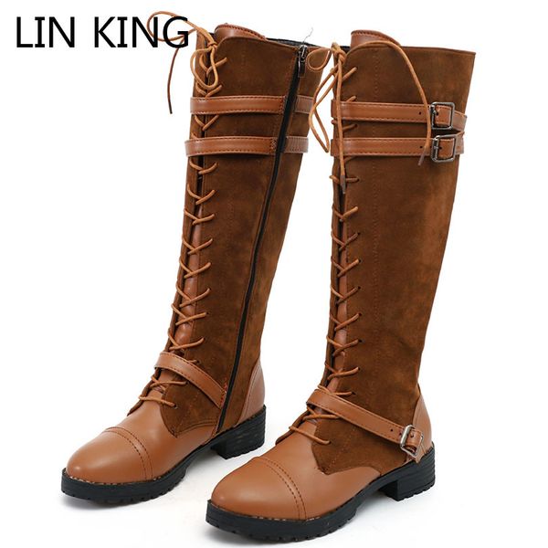 lin kng big size spring autumn women long boots square heel knee high round toe knight boots cross tie buckle motorcycle, Black 
lin kng big size spring autumn women long boots square heel knee high round toe knight boots cross tie buckle motorcycle, Black