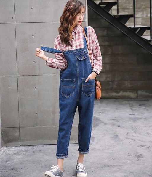 

spring denim jumpsuit women casual loose overalls long jeans pants trousers female pockets romper jumpsuits both sides can wear, Black;white