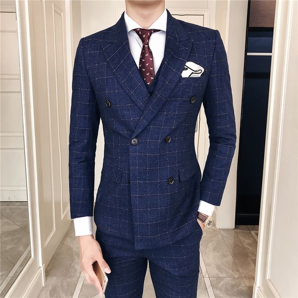 england style men's double-breasted plaid suit 3 piece set s-3xl business casual men suit jackets with pants and vests, White;black
england style men's double-breasted plaid suit 3 piece set s-3xl business casual men suit jackets with pants and vests, White;black