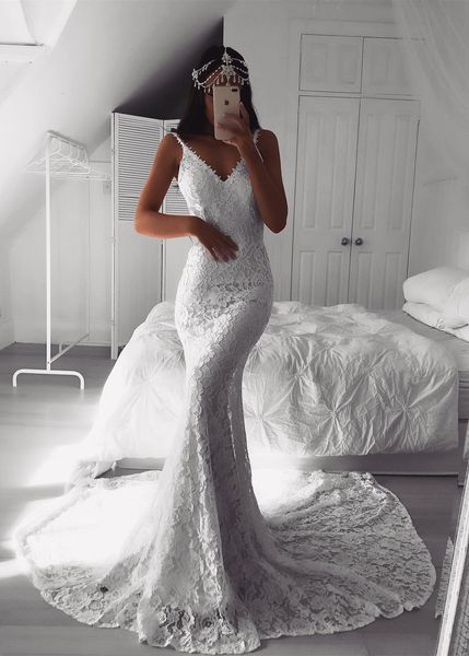 vintage deep v neck mermaid wedding dresses sweep train country style custom made lace bridal gowns slim fit plus size wedding dress, White
vintage deep v neck mermaid wedding dresses sweep train country style custom made lace bridal gowns slim fit plus size wedding dress, White