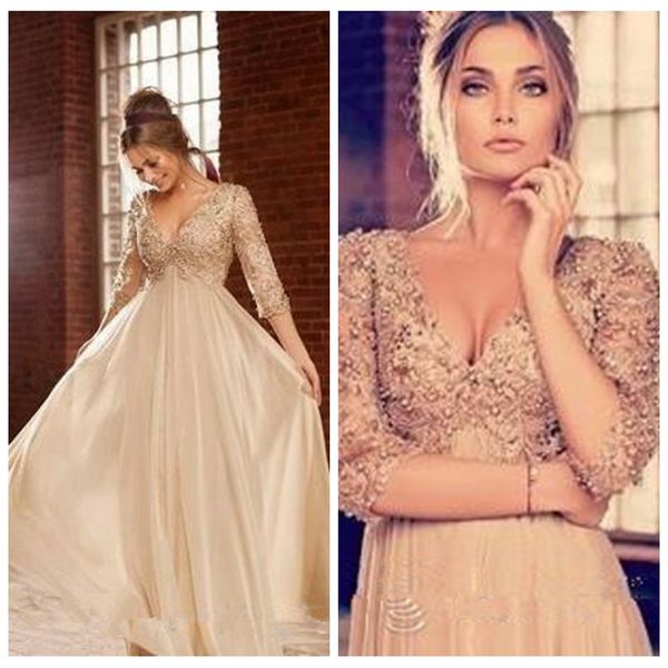 2018 formal evening dresses gold champagne chiffon prom party gowns with 3/4 long sleeves with crystal arabic v-neck celebrity dress, Black
2018 formal evening dresses gold champagne chiffon prom party gowns with 3/4 long sleeves with crystal arabic v-neck celebrity dress, Black