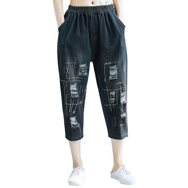 2018 women's denim pants elastic waist hole design fashion pant summer style calf-length pants, Blue
2018 women's denim pants elastic waist hole design fashion pant summer style calf-length pants, Blue