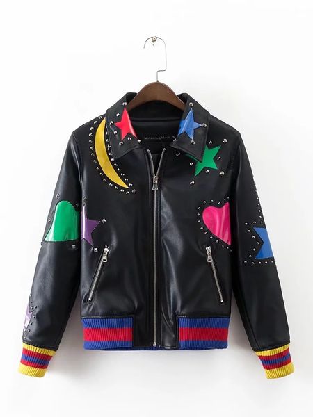 women's jackets winter 100% pu leather punk jacket moon star love patch sleeve rivet black bomber baseball contrast women coat outwear, Black;brown
women's jackets winter 100% pu leather punk jacket moon star love patch sleeve rivet black bomber baseball contrast women coat outwear, Black;brown