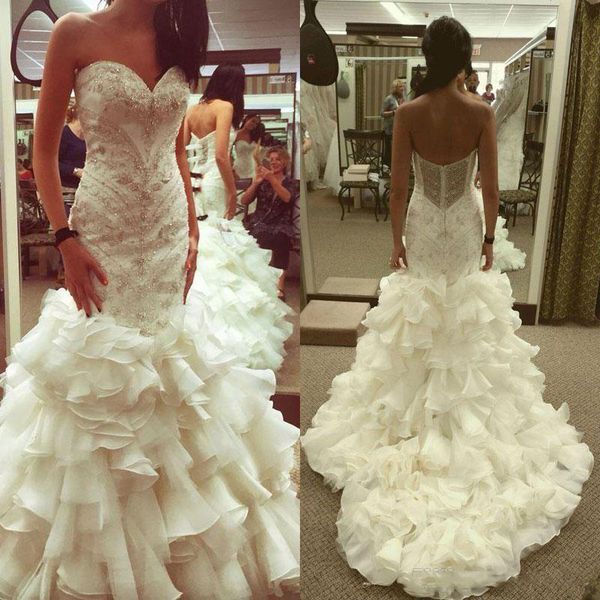 luxurious beaded mermaid wedding dresses sweetheart sheer back tiered train bridal gowns custom made wedding dress sweep train, White
luxurious beaded mermaid wedding dresses sweetheart sheer back tiered train bridal gowns custom made wedding dress sweep train, White