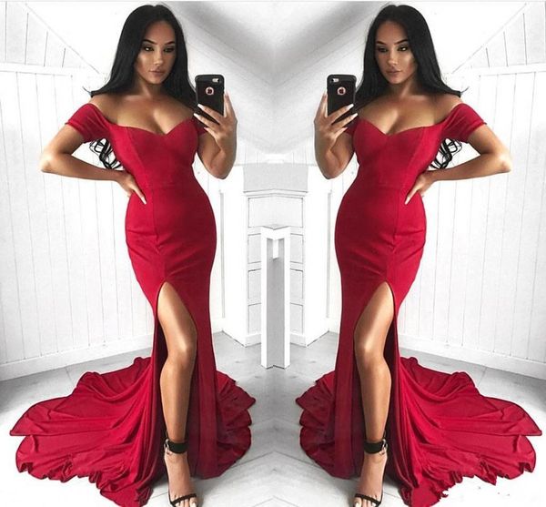2018 new arrival elastic red satin off the shoulder mermaid prom dresses short sleeves side split evening party wear dresses, Black
2018 new arrival elastic red satin off the shoulder mermaid prom dresses short sleeves side split evening party wear dresses, Black