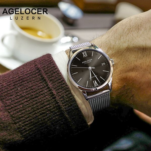 

relogio masculino agelocer watch men mechanical watch mens watches mesh sports wristwatch date clock, Slivery;brown