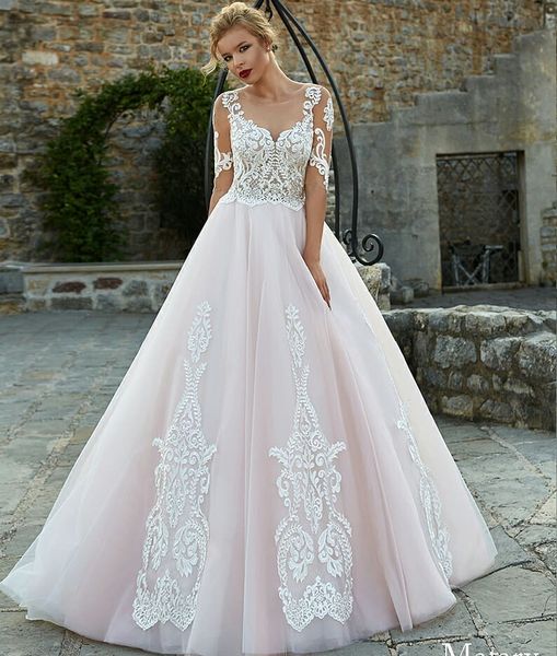 charming lace beach wedding dresses sheer bateau neck backless bohemian bridal gowns with half sleeves a line tulle vestido de novia, White
charming lace beach wedding dresses sheer bateau neck backless bohemian bridal gowns with half sleeves a line tulle vestido de novia, White