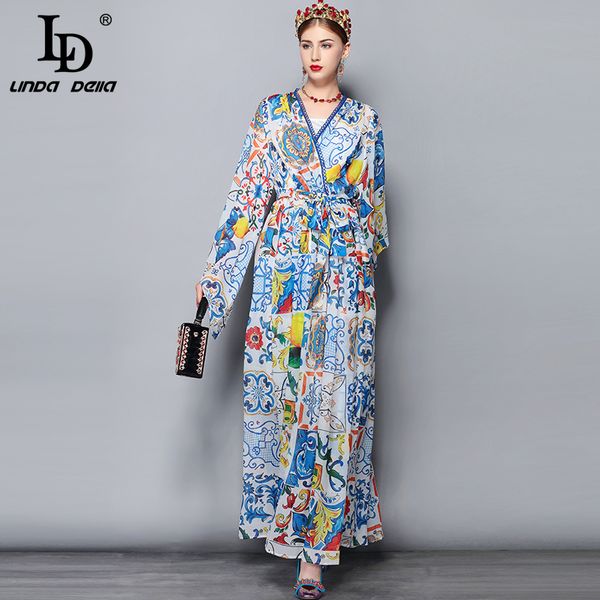 

ld linda della 2018 fashion runway maxi dress 5xl plus size women's batwing sleeve v-neck floral print casual holiday long dress, Black;gray