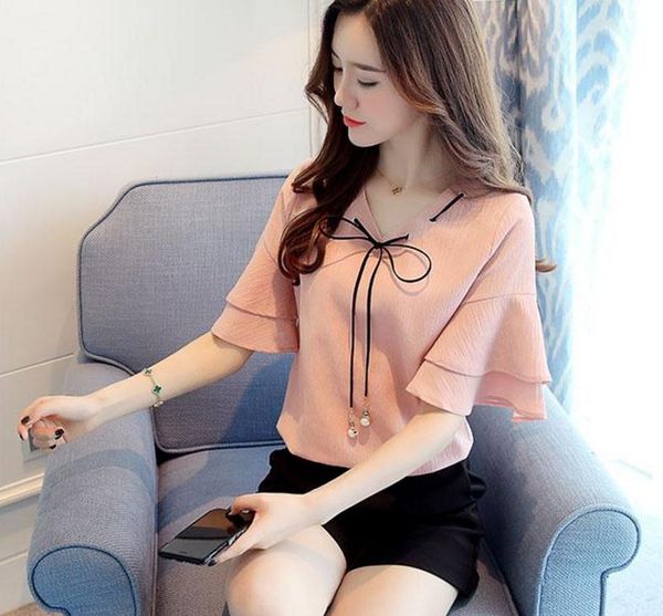 chiffon shirt short sleeve 2018 summer new style v neck bowknot horn sleeve shirt, White
chiffon shirt short sleeve 2018 summer new style v neck bowknot horn sleeve shirt, White
