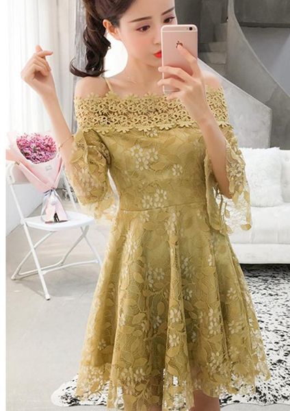 spring and summer new style 2018 korean boat neck bare shoulder cultivate one's moral character lace sling dress female horn sleeve, Black;gray 
spring and summer new style 2018 korean boat neck bare shoulder cultivate one's moral character lace sling dress female horn sleeve, Black;gray