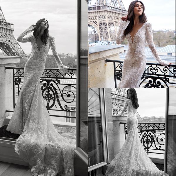 julie vino 2019 mermaid wedding dress long sleeve deep v neck full lace appliqued backless bridal gowns sweep train, White
julie vino 2019 mermaid wedding dress long sleeve deep v neck full lace appliqued backless bridal gowns sweep train, White