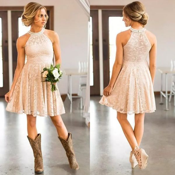 2019 short lace country bridesmaids dresses pearls halter neck knee length boho beach maid of honor wedding guest party dress, White;pink
2019 short lace country bridesmaids dresses pearls halter neck knee length boho beach maid of honor wedding guest party dress, White;pink