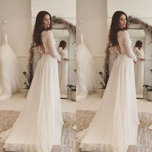 simple elegant bohemian wedding dress deep v neck lace long sleeves chiffon floor length beach backless bridal gowns, White
simple elegant bohemian wedding dress deep v neck lace long sleeves chiffon floor length beach backless bridal gowns, White