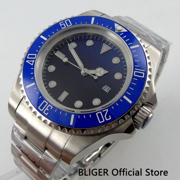 bliger 44mm black blue sterile dial blue ceramic bezel luminous marks miyota automatic movement men's watch steel bracelet bl54, Slivery;brown