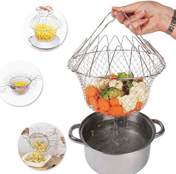 

collapsible colander mesh basket steam rinse strainer stainless steel filter kitchen sieve fry french cookware tools