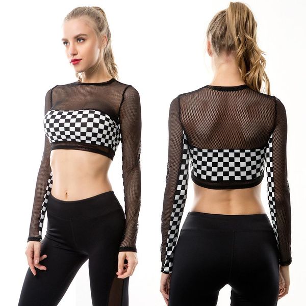 black&white plaid see-through long-sleeved t-shirt tight-fitting uncovered midriff gauze piecing sportswear 3015 jul 25, Black;blue
black&white plaid see-through long-sleeved t-shirt tight-fitting uncovered midriff gauze piecing sportswear 3015 jul 25, Black;blue