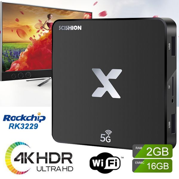 SCISHION Model X Android TV Box RK3229 Android 8.1 2GB RAM 16GB ROM dual band 5G WiFi 4K Ultra Smart TV Box
SCISHION Model X Android TV Box RK3229 Android 8.1 2GB RAM 16GB ROM dual band 5G WiFi 4K Ultra Smart TV Box