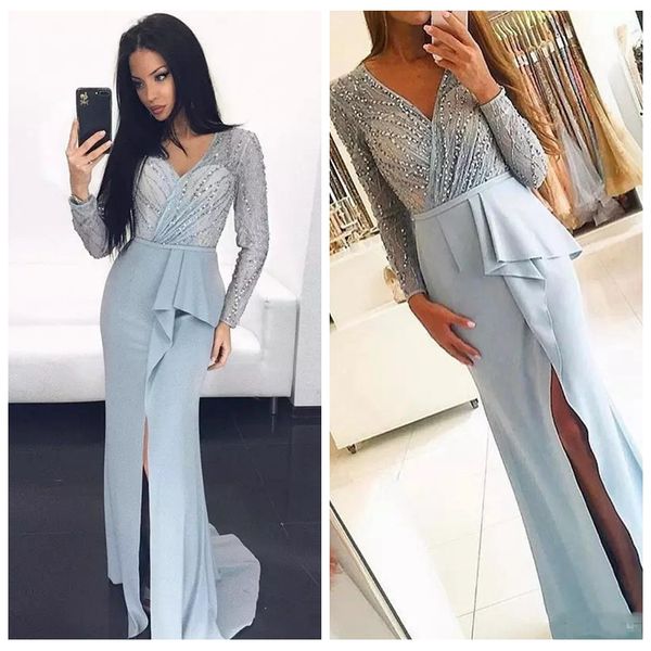 2019 v-neck lace long sleeves prom dresses pleated side split satin mermaid formal evening dress customized sweep train party gowns, Black
2019 v-neck lace long sleeves prom dresses pleated side split satin mermaid formal evening dress customized sweep train party gowns, Black