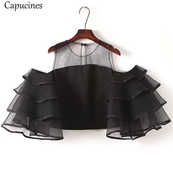 perspective mesh layered ruffles flare sleeves blouses 2018 women open shoulder slim shirts summer zipper back straight, White
perspective mesh layered ruffles flare sleeves blouses 2018 women open shoulder slim shirts summer zipper back straight, White