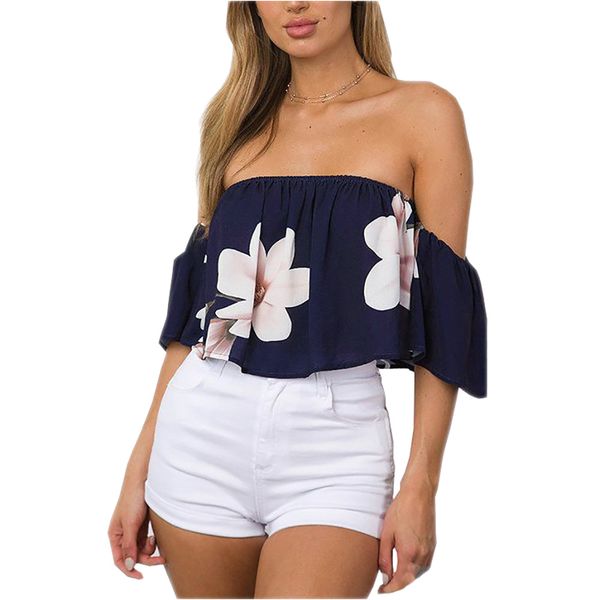 womens slash neck strapless tshirts summer casual flora printed female thin elastic bust tees, White
womens slash neck strapless tshirts summer casual flora printed female thin elastic bust tees, White
