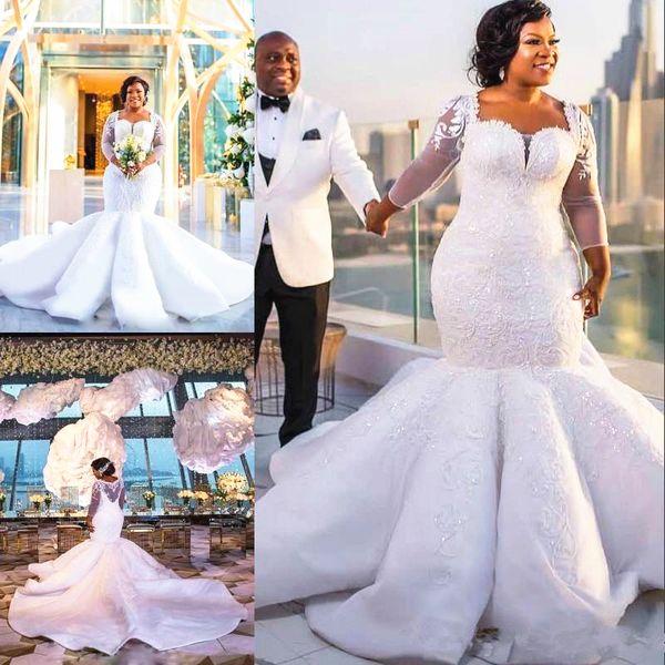 mermaid plus size wedding dress transparent long sleeve see through back sparkly appliques long train bridal gowns vestido de noiva, White
mermaid plus size wedding dress transparent long sleeve see through back sparkly appliques long train bridal gowns vestido de noiva, White