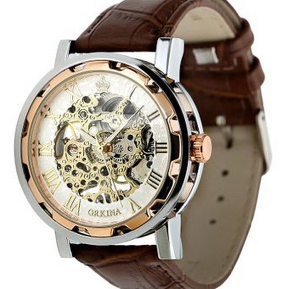 

wrist watch men mechanical watches hollow skeleton 2018 male luxury clock analog watch leather relogio masculino dropship f605, Slivery;brown